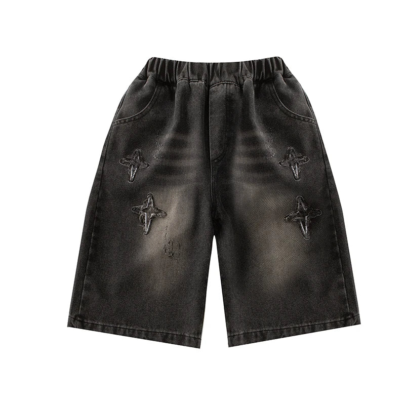 2025 Summer New Arrival Fashion Boys Denim Shorts with Star Pattern Children's Casual Cropped Jeans Pants Kids 5-14 Years Old