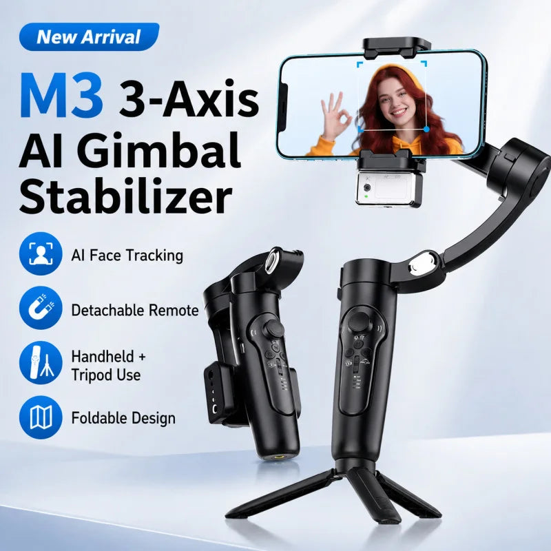 M3 AI Face Tracking Phone Gimbal Stabilizer, 3-Axis Anti-Shake Handheld Smartphone Holder with Detachable Remote for Live Stream