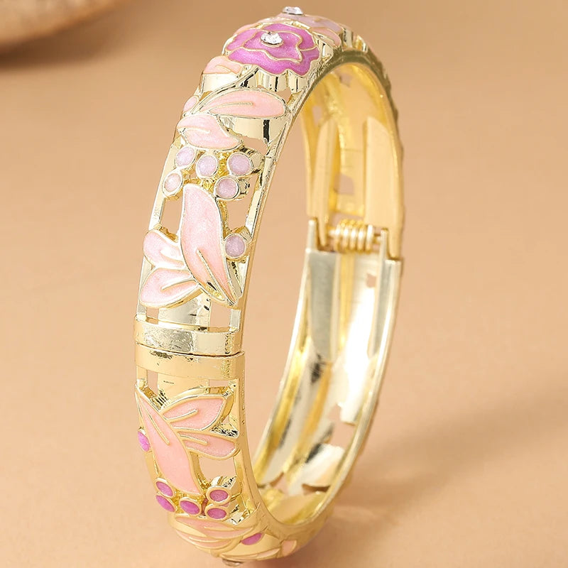 Jardme Rose Flower Enamel Bracelets For Women Ethnic Style Gold Plated Hollow Cloisonne Bangles Women's Jewelry Accessories