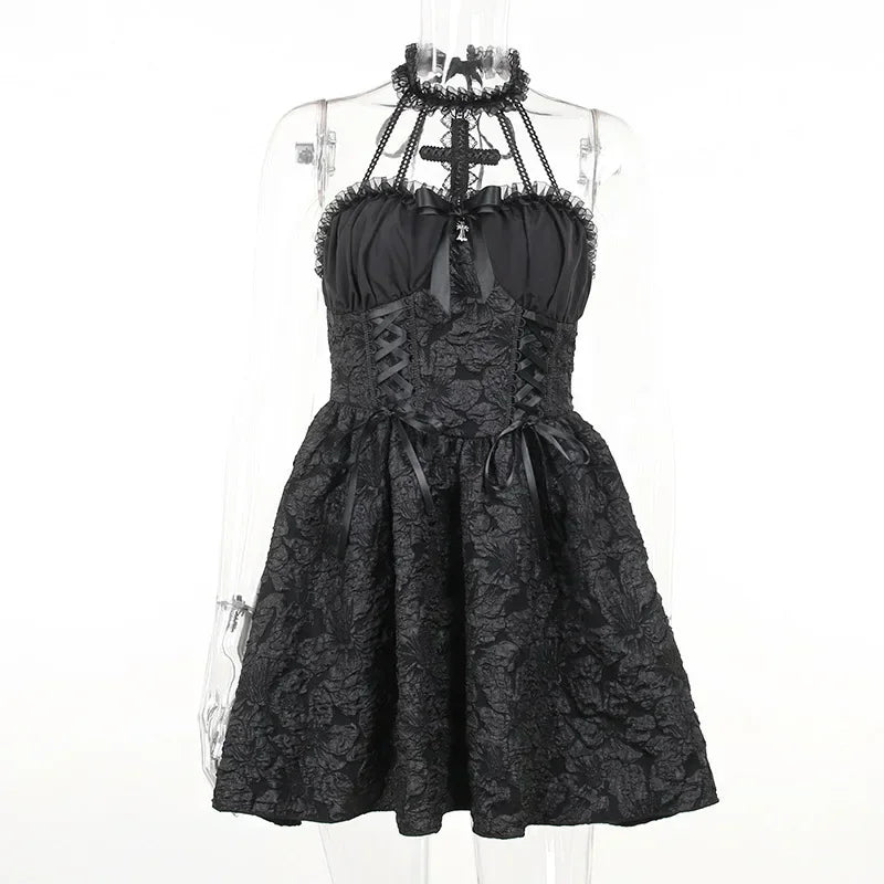 Mall Gothic Emo Jacquard A-line Dresses Goth dress Elegant Grunge Ruched Bandage Partywear Punk Black Women Halloween Club Dress