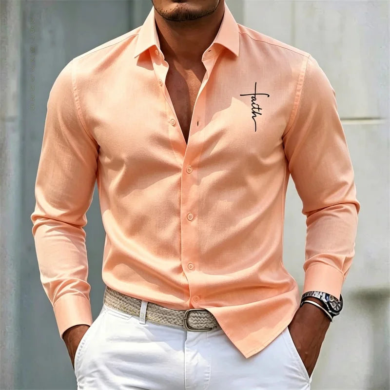 2026 new men's shirt solid color long sleeved shirt slim fit no iron business casual formal wear personalized letter printed top