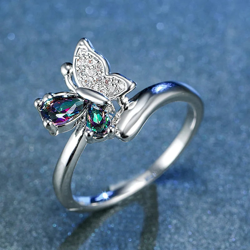 2026 Butterfly Ring Multi-Colored Cubic Zirconia Women's Wedding Accessory Exquisite Aesthetic Statement Jewelry Gift