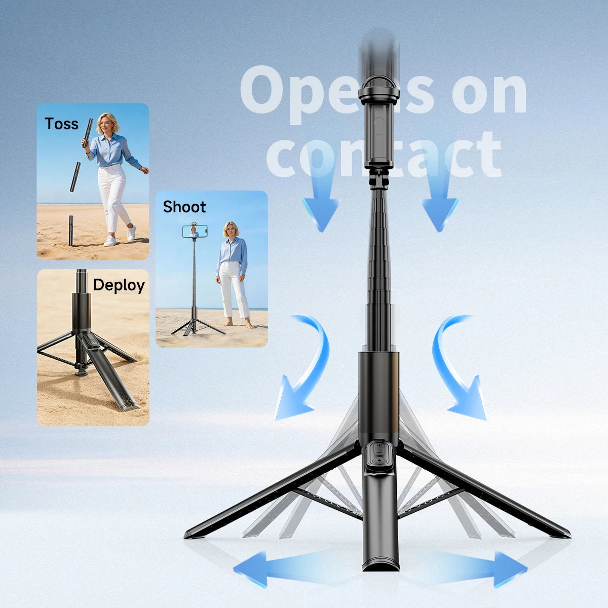 1.7M Portable Selfie Stick Tripod with Auto-Open Mechanism, Bluetooth Remote Control, Extendable Phone Holder for iPhone Android