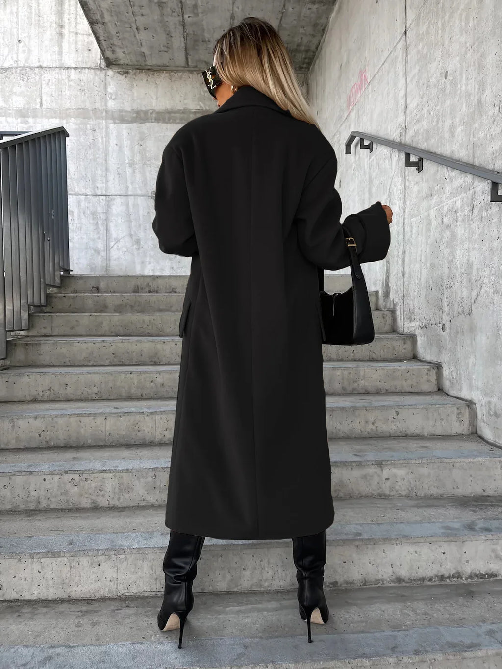 Women Oversized Lapel Long Wool Coat Single Front Button Side Pocket Loose Fit Warm Outerwear