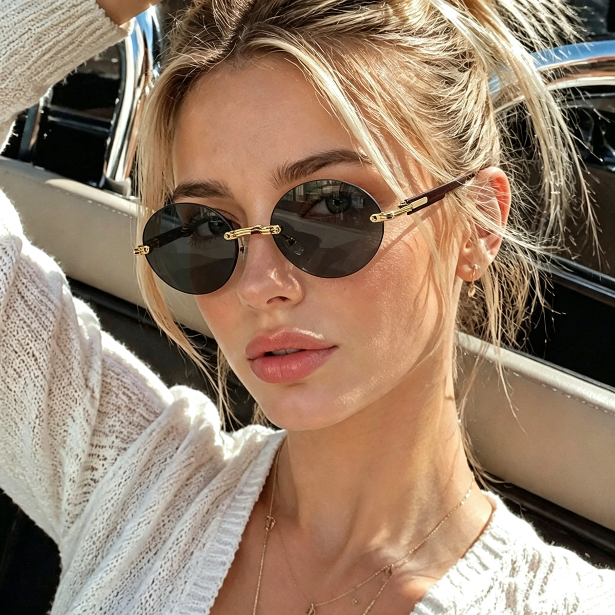 Light Luxury Rimless Oval Personalized Sunglasses High-End Fashion Casual Glasses Suitable For Outdoor Vacation Sun Glasses