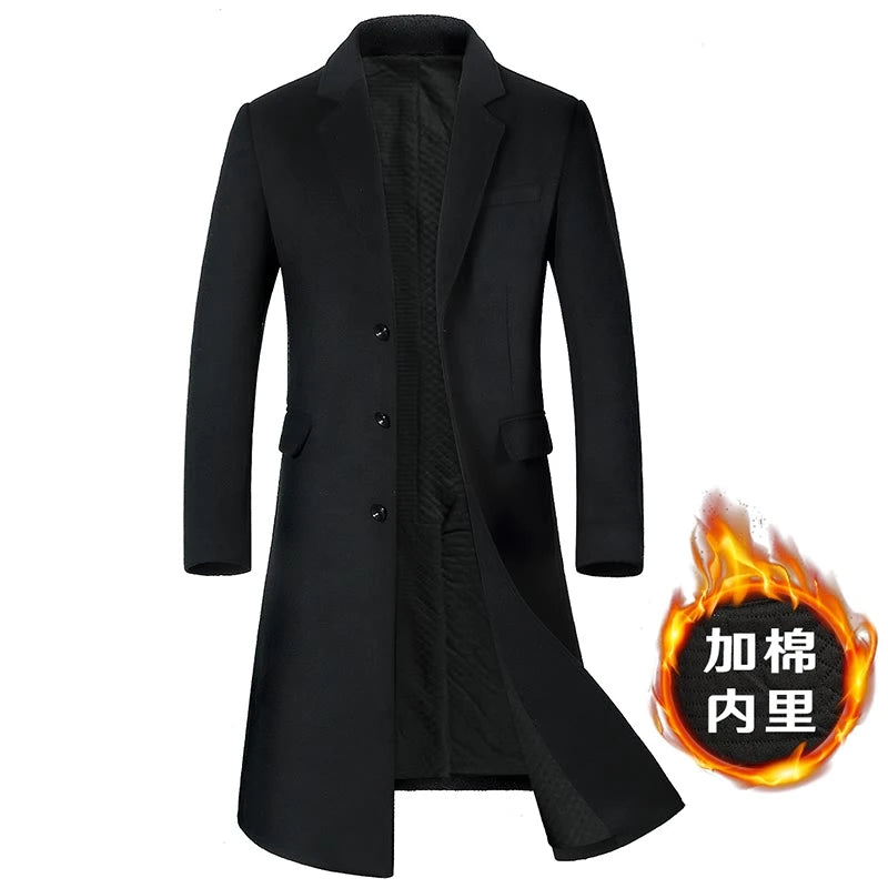 Men's High-Quality Autumn Winter Wool Coat Long Fashion Trench Coat Over-the-Knee Thick Cotton M-4XL