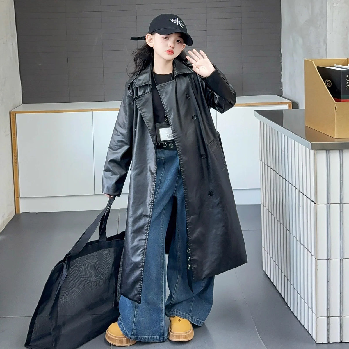 British Kids Child Solid Black Leather Maxi Trench Coat with Belt For Girls High Fashion Autumn Street Clothing X-Long PU Jacket