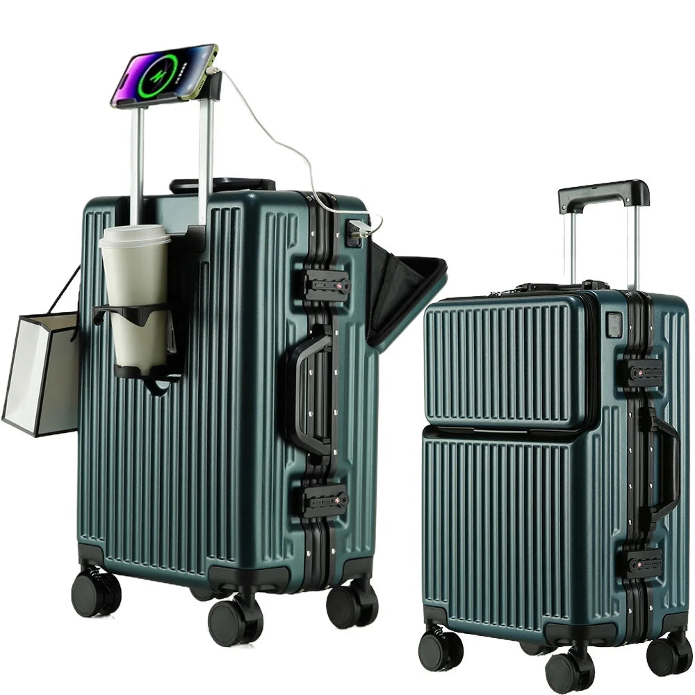 Aluminium Frame Suitcase Front Opening Cabin Luggage with USB Cup Holder Female Trolley Case Male Brake Wheel Travel Suitcase