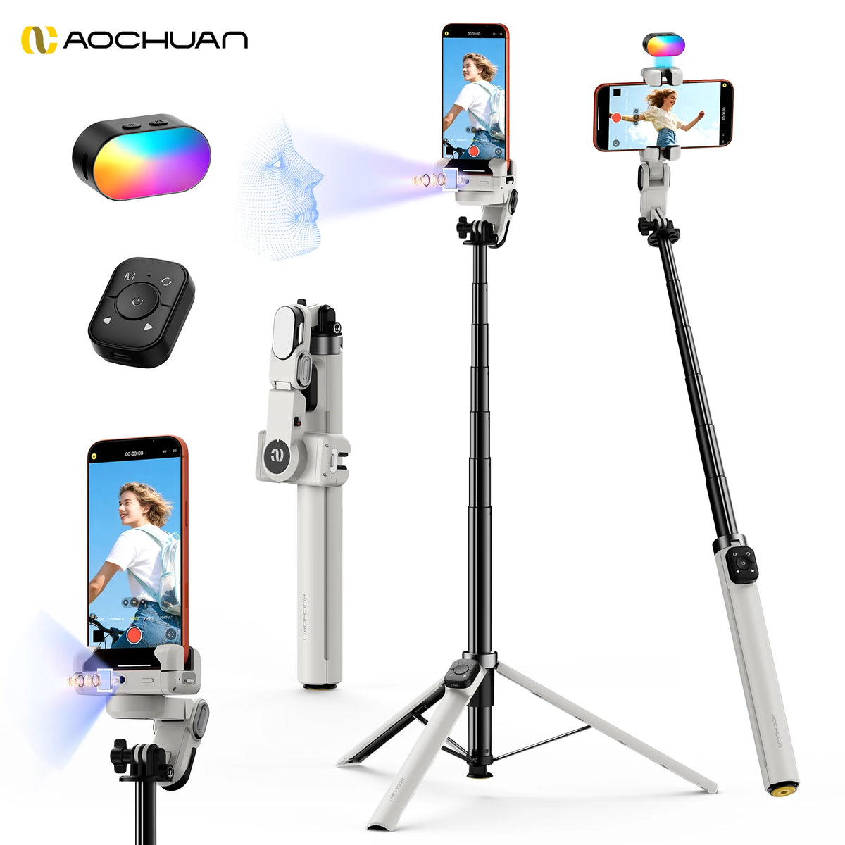 AOCHUAN M3pro Gimbal Stabilizer Built-in 1.8m Extension Rod 360° Rotation AI Face Tracking with Fill Light Phone Selfie Stick