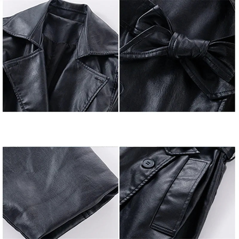 British Kids Child Solid Black Leather Maxi Trench Coat with Belt For Girls High Fashion Autumn Street Clothing X-Long PU Jacket