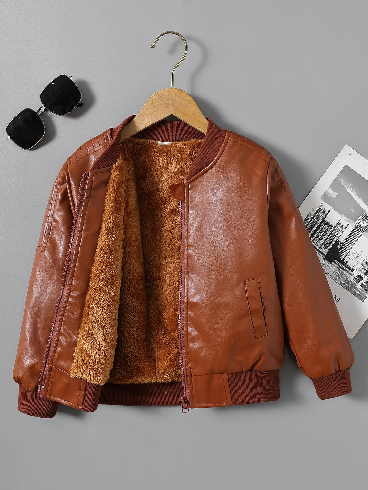 Children's Clothing Boys' Spring and Autumn Pu Leather Jacket, Retro Stylish High-End Jacket, Trendy Biker Jacket, Easy to Clean Classic Baseball Jacket, Outerwear