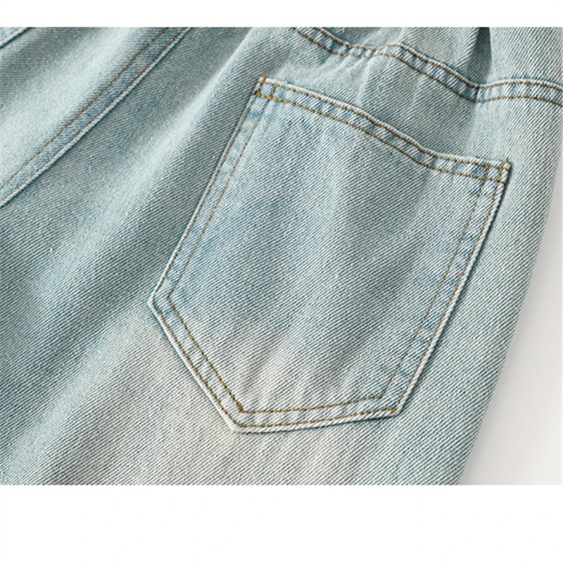 Brief Style Kids Girls Loose Straight Ripped Jeans with Holes For Teenager Child Casual Broken Light Blue Distressed Denim Pants