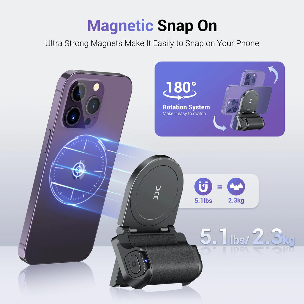 JJC Magnetic Phone Camera Grip Handle Selfie Bracket with Wireless Shutter Remote with 1/4” Tripod Screw for iPhone 17 16 15 14