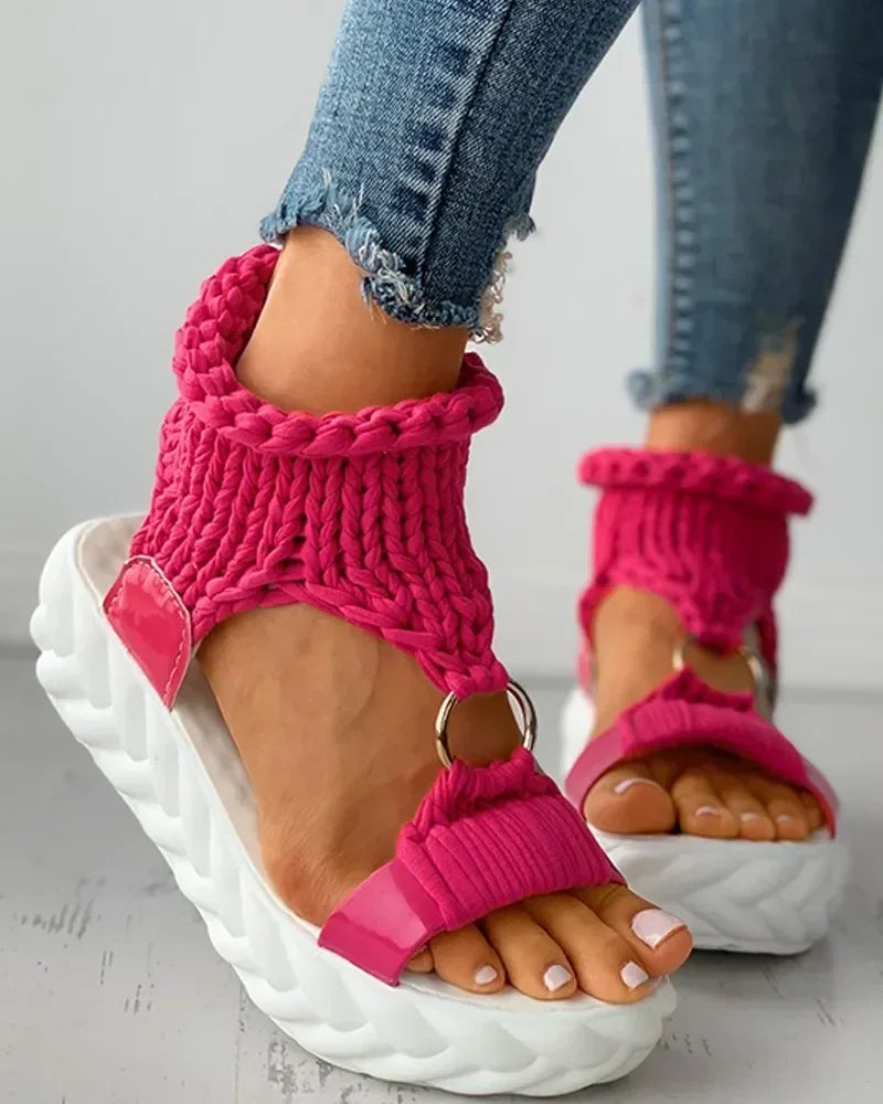 Sandals Women's Braided Knit O-Ring Cutout Platform Summer Gladiator Sandals Shoes Thick Heels Ladies White Sandalias Casual