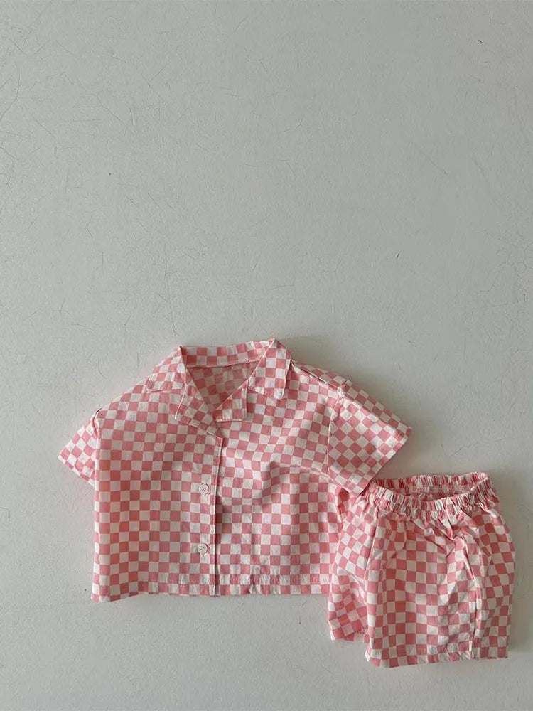 2025 Korean Summer Toddler Boy Clothes Set Cotton Solid Turn-down Collar Shirt Suit Plaid Elastic Waist Shorts Infant Boy Outfit
