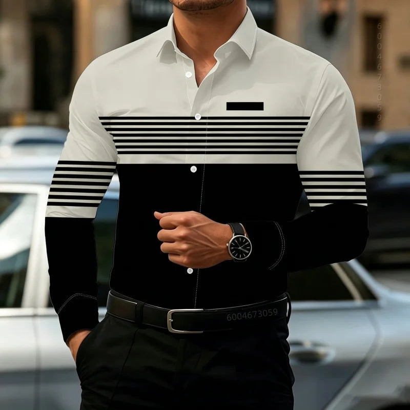 2026 New Men's Contrasting Striped Shirt Street Style Black and White Striped Slim Fit Shirt Business Casual Formal Shirt XS-6XL