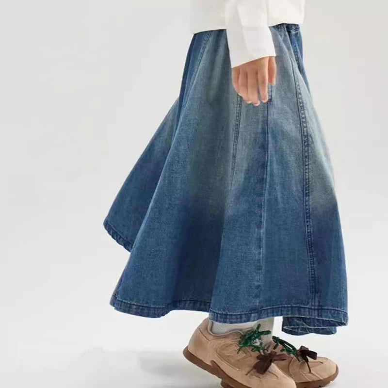 Classic Kids Designer Elastic Waist Long Denim Skirt for Teens Girl Vintage Blue Summer Streetwear Skirt Child Casual Outfit