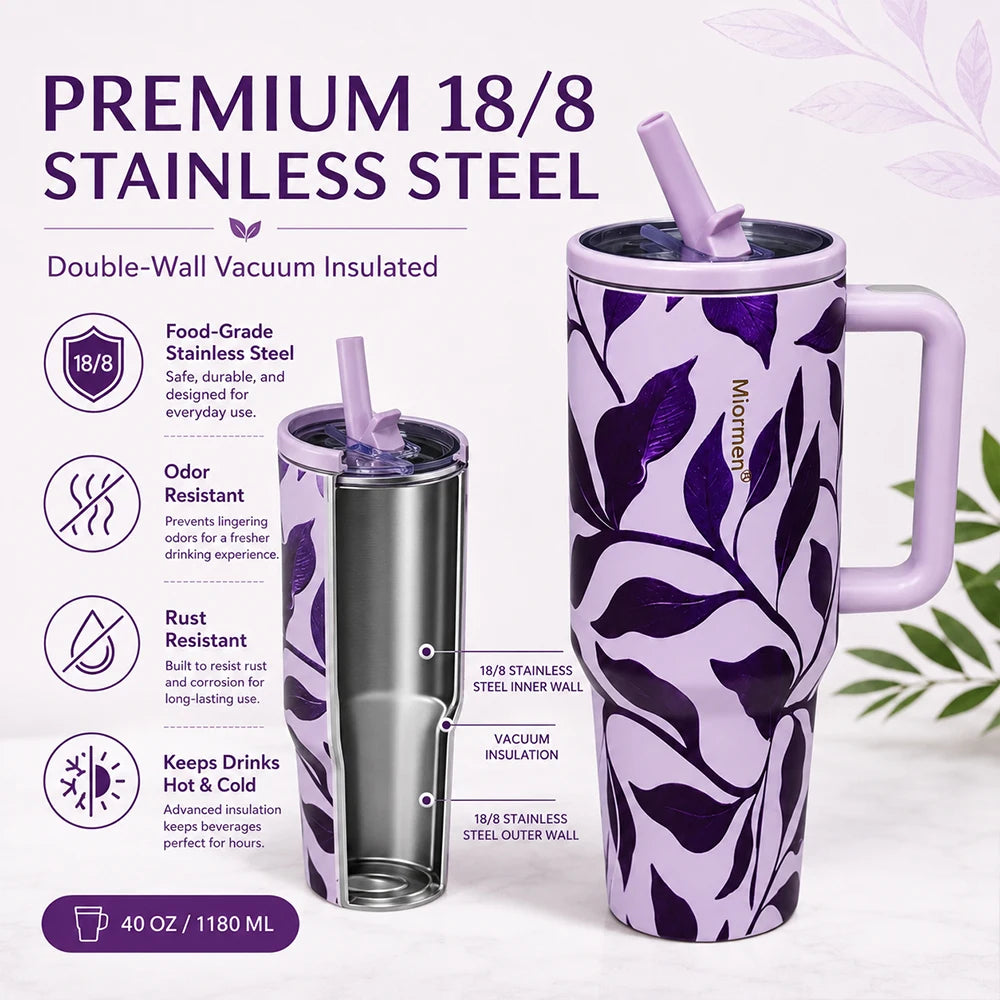 40OZ Floral Print Stainless Steel Tumbler with Handle Straw Lid Vacuum Insulated Travel Mug for Car Water Cup Keep Hot and Cold