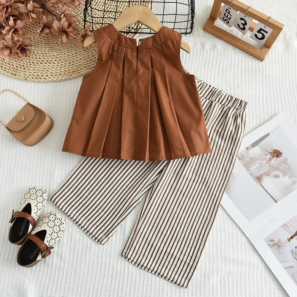 Bear Leader Khaki Vest+Striped Wide Leg Pants Summer Two-piece Set Daily Simple Sleeveless Children's Clothing for 3-7 Years Old