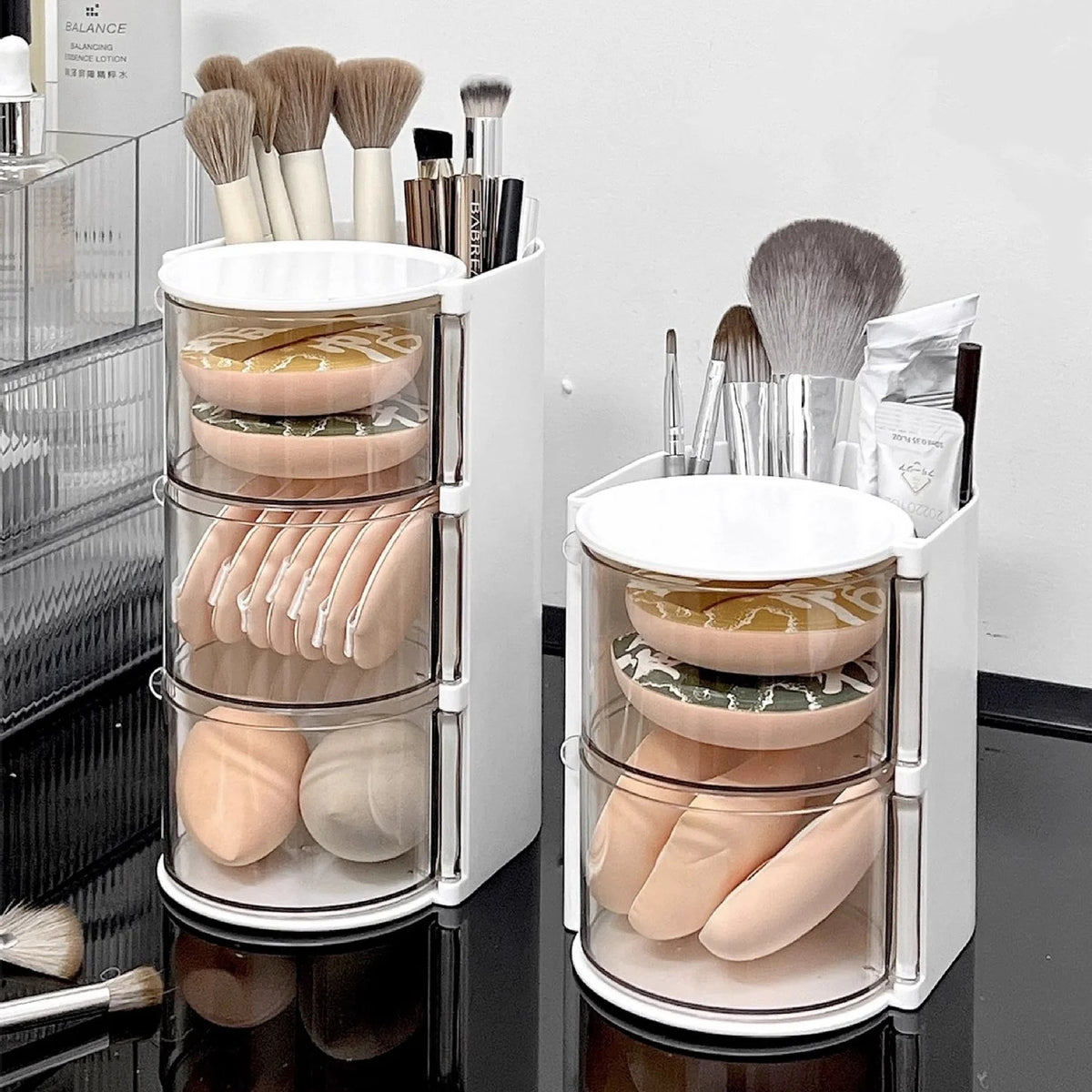 Multi-Layer Hair Accessories Storage Box Rotating Transparent Jewelry Organizer Desktop Case for Makeup Brush Powder Puff