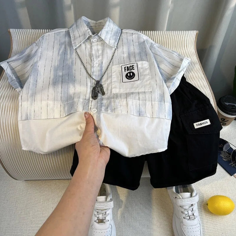 Korean Boys Summer Children's Top and Bottom 2PC Sets Short Sleeve T-Shirt & Denim Shorts Kids Clothes 1-7 Years Black Toddler