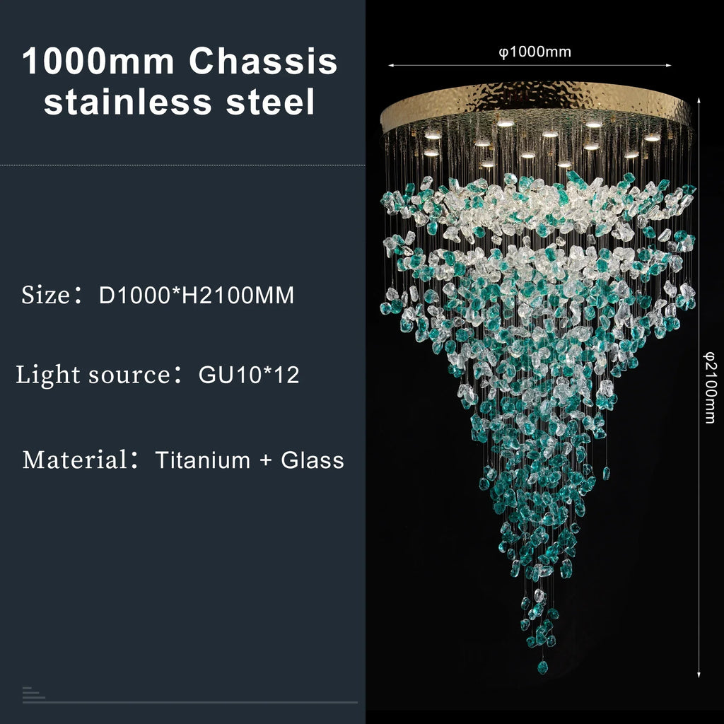 Luxury Large Green Crystal Stone Chandelier for Lobby Loft Staircase Project Modern LED Color Crystal Hanging Chandelier Custom
