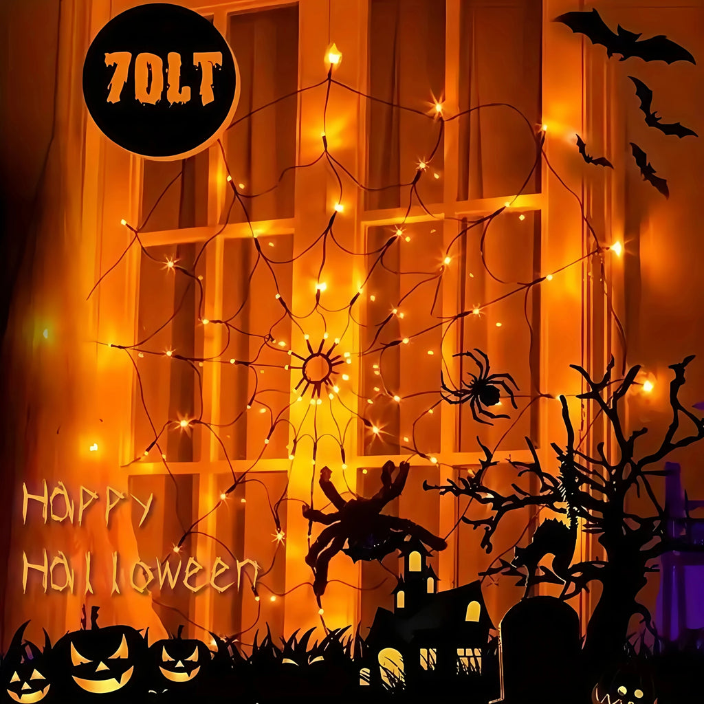 Halloween Remote Control Spider Web LED Lights 70LED Battery Hanging Light For Ghost Festival Party Home Holiday Wall Decor Lamp