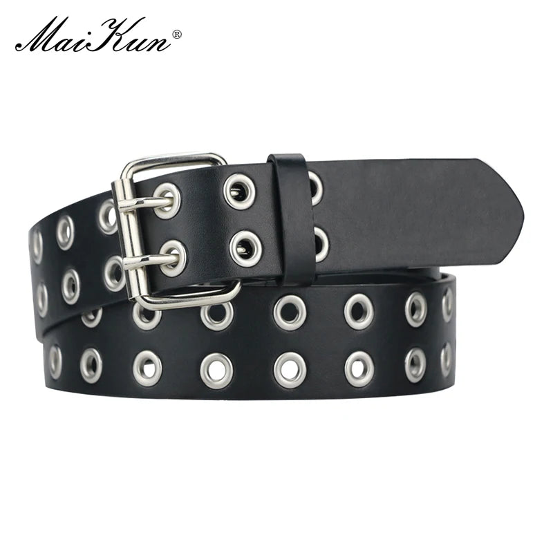 Maikun Halloween New Ladies Black PU Leather Belt Double Exhaust Air Hole Pin Buckle Fashion Trend Waistband Punk Goth Style