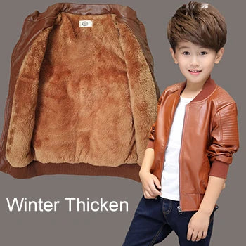 2-13 Years Winter Boys PU Jacket Plus Velvet Keep Warm Leather Jacket For Boys Coat Waterproof Outerwear Teenagers Kids Clothes