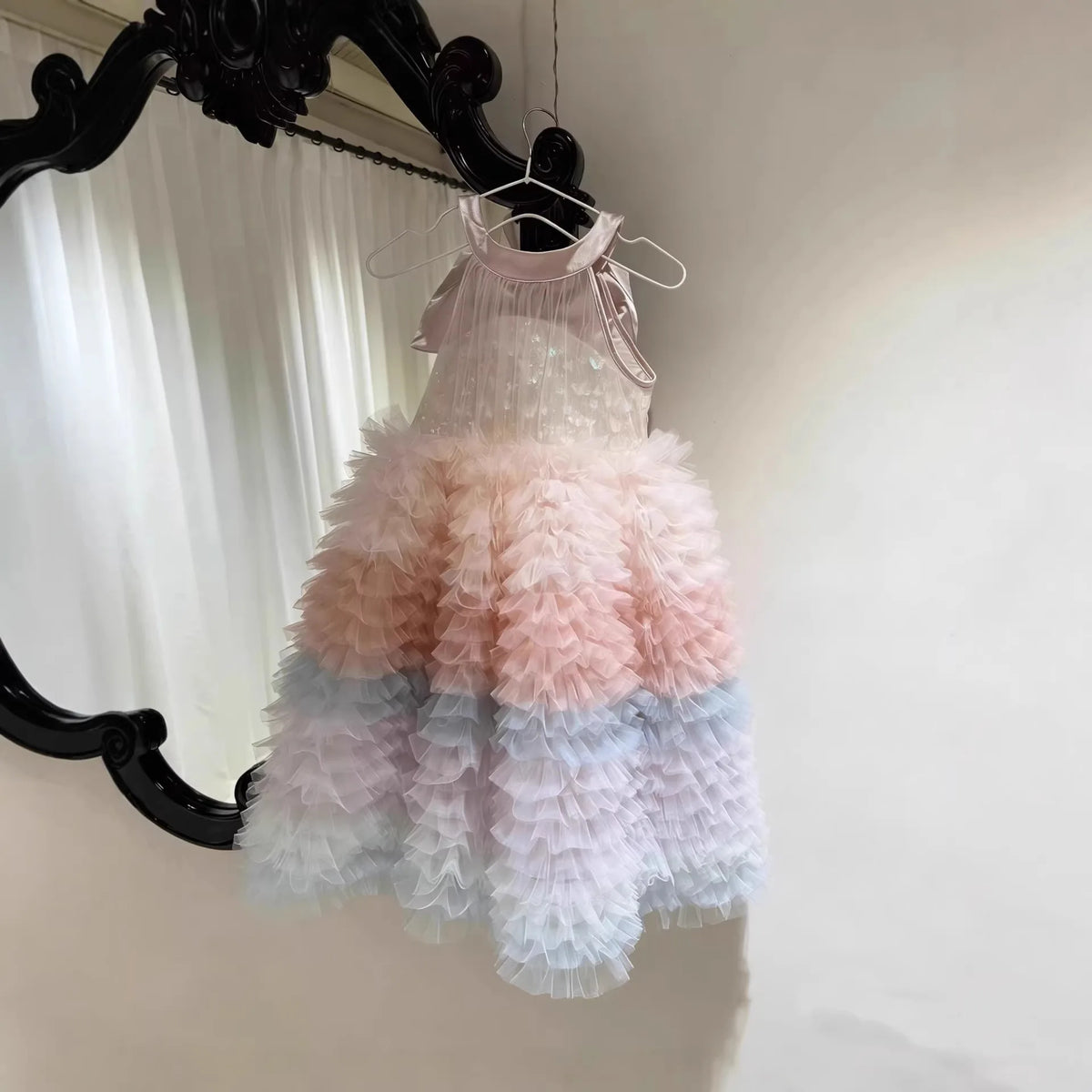 2025Girls' Spring, Summer and Autumn New Korean-Style Gradient Heavy Industry Cake Sequined Flower Puffy Dress