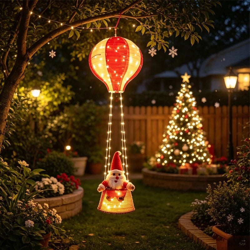Christmas Hanging Ornament, Glowing Hot Air Balloon Santa with Leather Cord for Indoor Home Decor