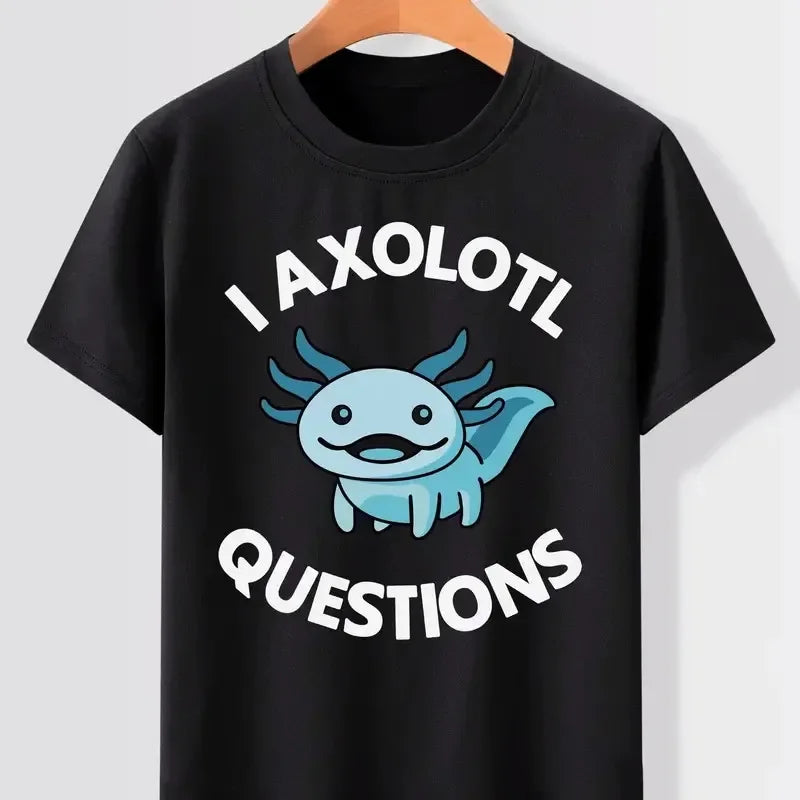 Cute I AXOLOTL QUESTIONS Letter Print Boys Creative T-shirt Casual  Comfy Short Sleeve Crew Neck Tops Kids Clothings for Summer