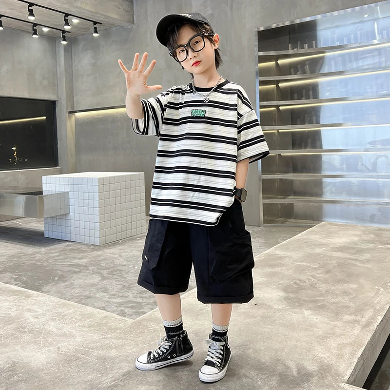 Children 2026 New Summer Striped Clothing Set Top And Bottom Suit for Tween Boys Casual Tracksuit Tshirt Shorts Kids Clothes Set