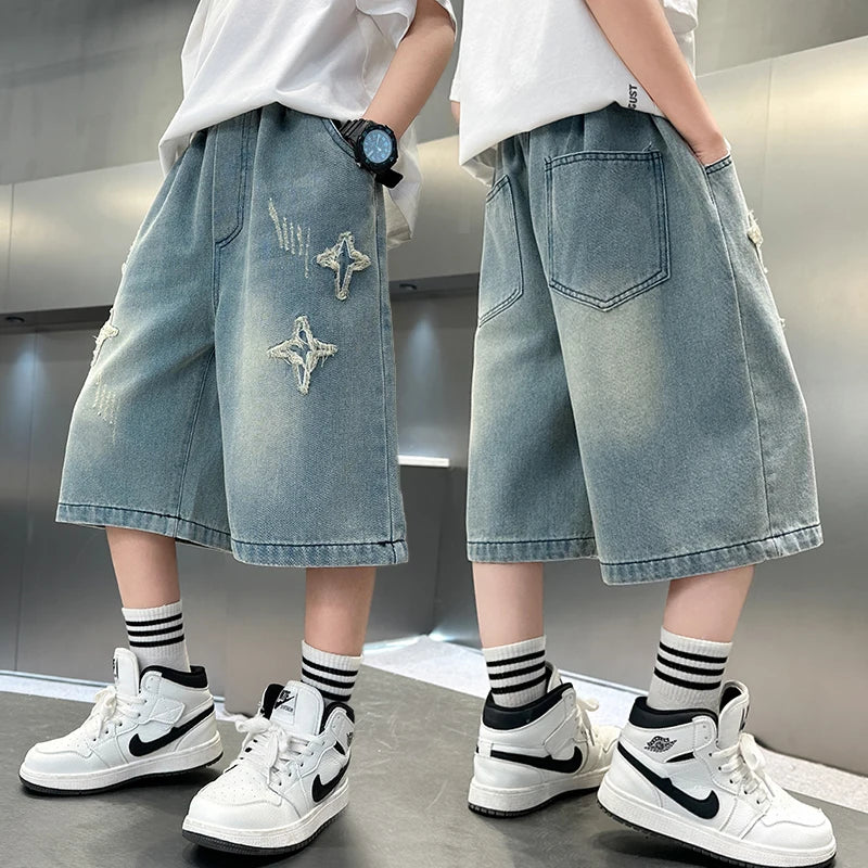 2025 Summer New Arrival Fashion Boys Denim Shorts with Star Pattern Children's Casual Cropped Jeans Pants Kids 5-14 Years Old