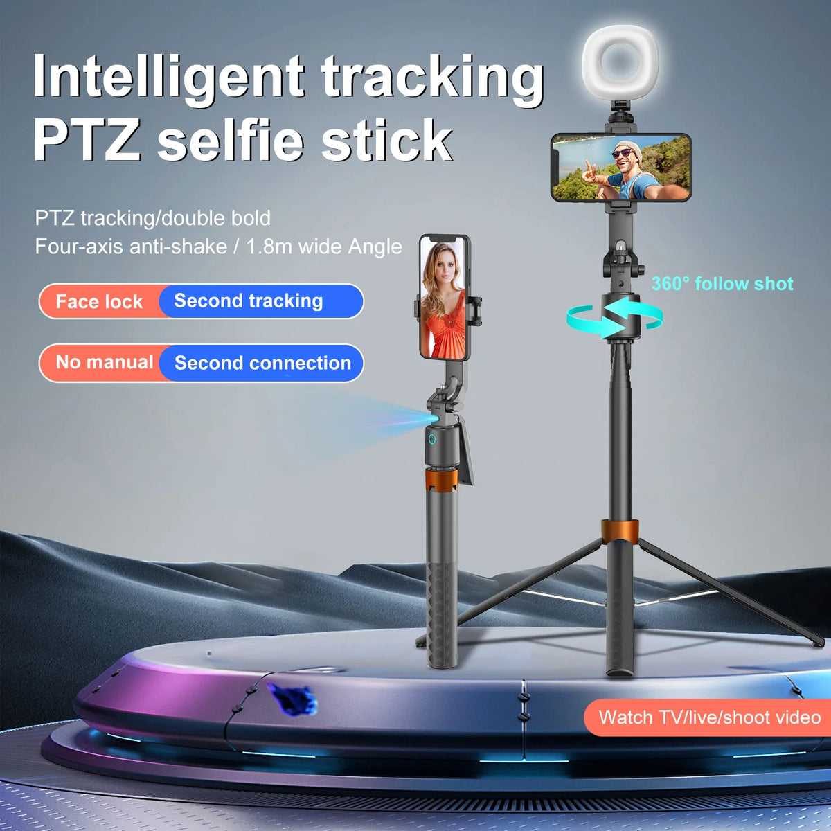 360° face-tracking selfie stick for smartphones includes a clip, expandable tripod, and is portable for outdoor photography.