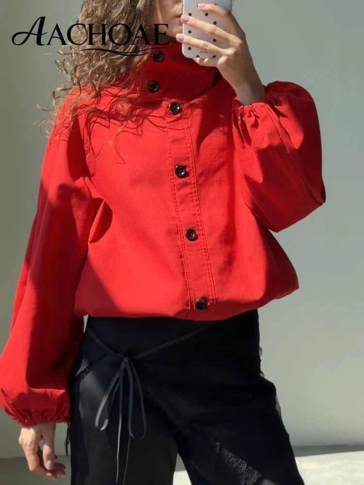 AACHOAE Women High Neck Lightweight Jacket Casual Long Sleeve Windbreaker Coat Drawstring Hem Button Front Short Outerwear