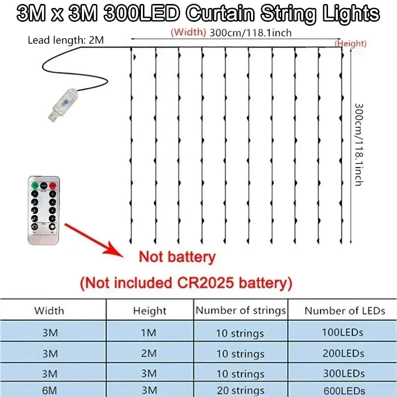 LED Curtain String Lights 8 Modes USB Plug Party Lights with Remote Control Fairy Garland Bedroom Wedding Christmas Decorations