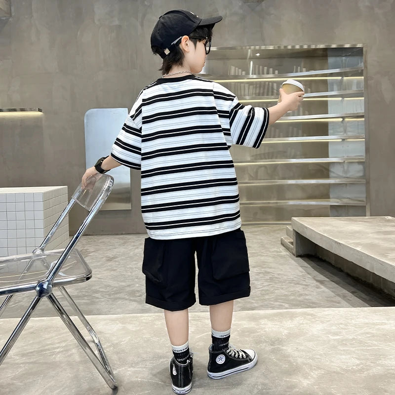 Children 2026 New Summer Striped Clothing Set Top And Bottom Suit for Tween Boys Casual Tracksuit Tshirt Shorts Kids Clothes Set