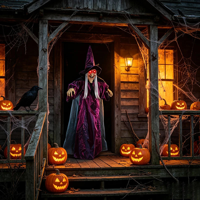 Halloween Life Size Talking Witch Purple Outdoor Spooky Scary Witch Animatronic Voice Controlled Glowing Screaming Decoration