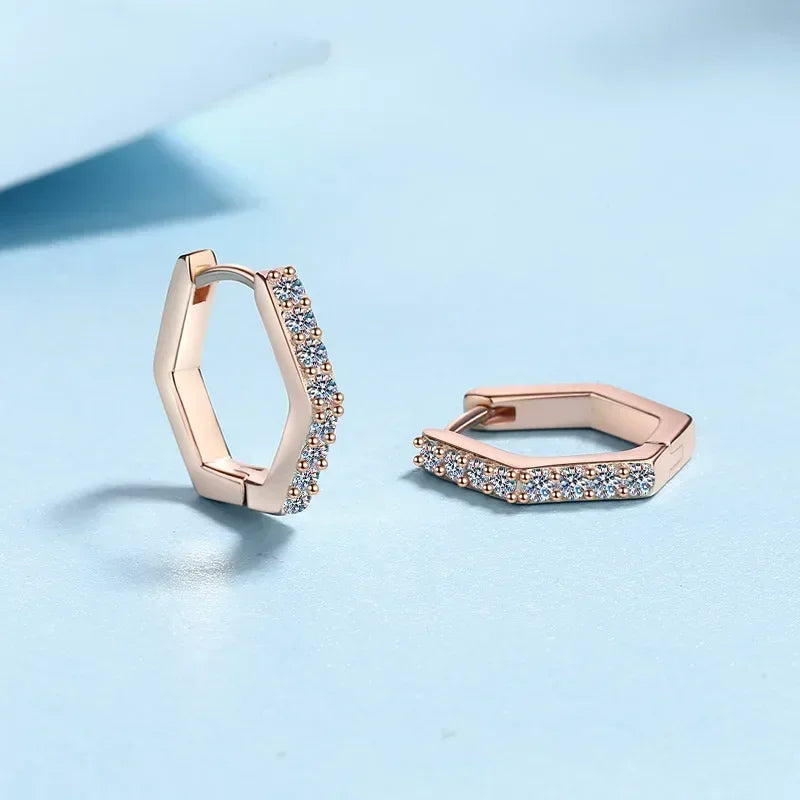 Geometric Hexagonal Moissanite Diamond 0.4 Carat Hoop Earrings, 18K Rose Gold Earring Fine Jewelry Birthday Gift for Women Ins