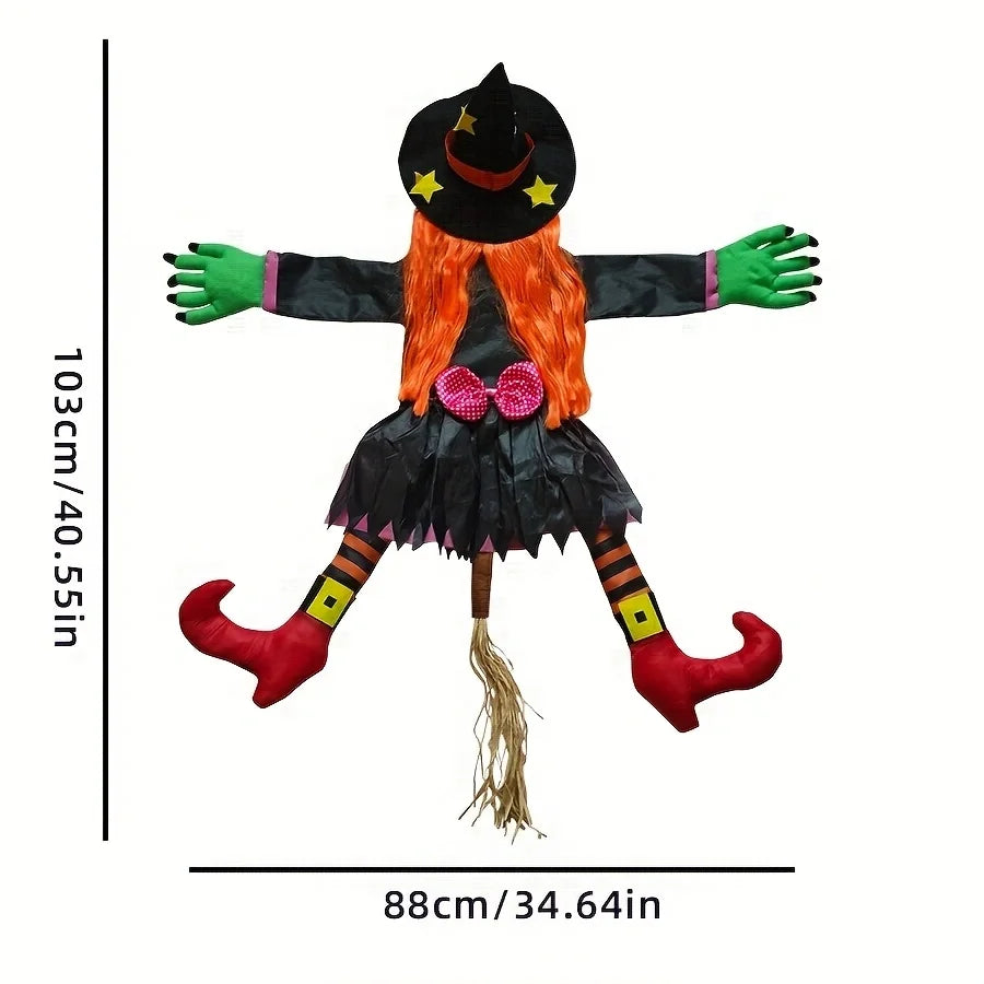 Orange haired white haired tree climbing witch broom tree witch party decoration tree collision props outdoor hanging decoration