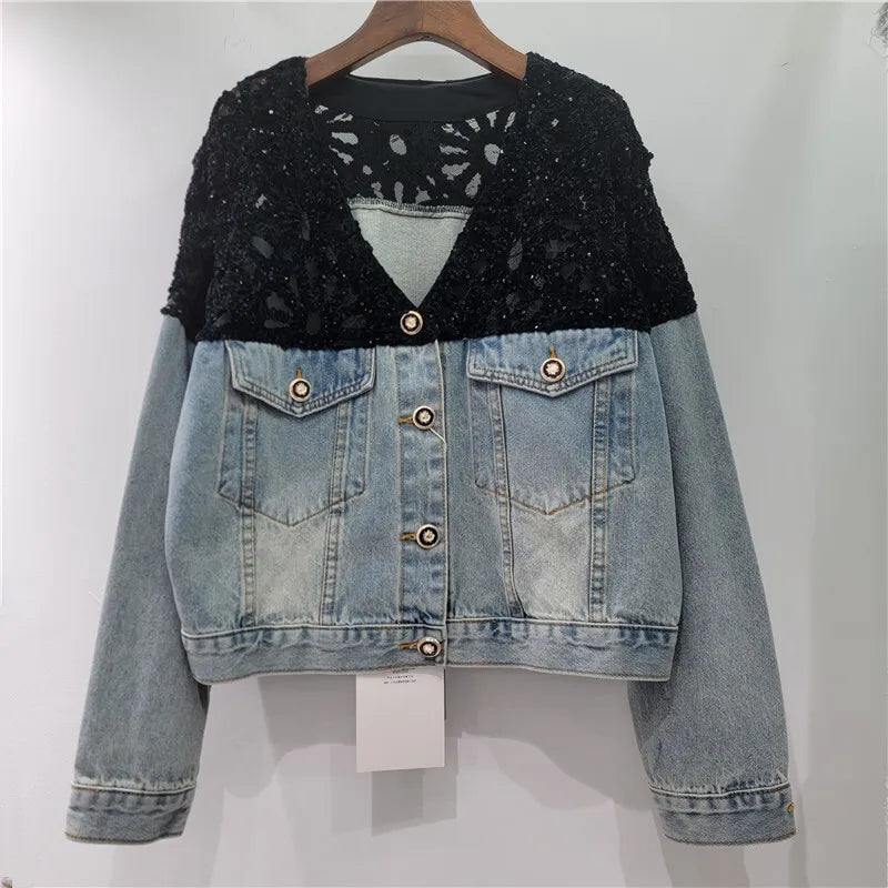 DEAT Women's Denim Jackets V-neck Patchwork Sequins Long Sleeve Perspective Shoulder Coats Summer 2026 New Fashion 29A968