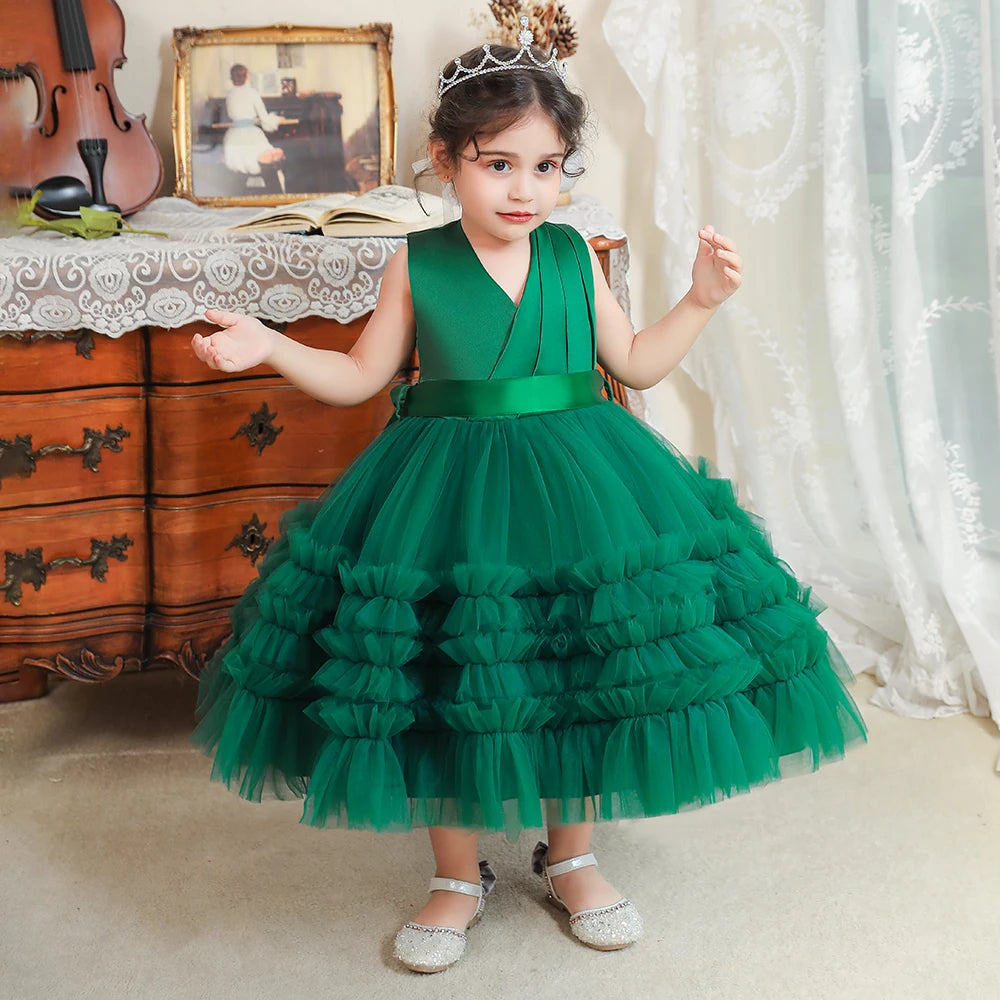 Elegant Bow Bridesmaids Girl Party Dresses Christmas Costumes Tulle Birthday Princess Prom Dress for Girls Wedding Evening Gown