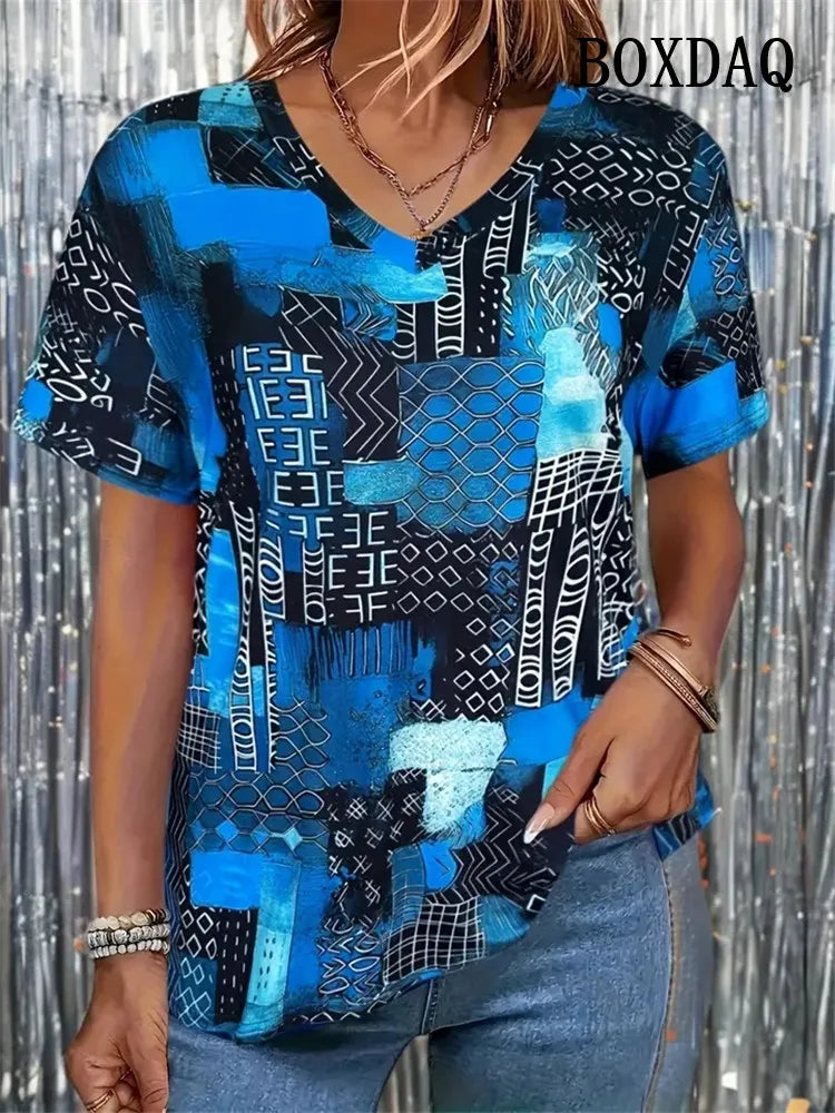 8XL Large Size T-Shirt Women Summer Casual Simple V-Neck Short-Sleeve Tee Shirt Vintage Floral 3D Print Loose Plus Size Tops 7XL