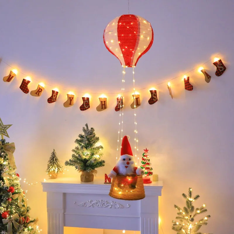 Christmas Hanging Ornament, Glowing Hot Air Balloon Santa with Leather Cord for Indoor Home Decor
