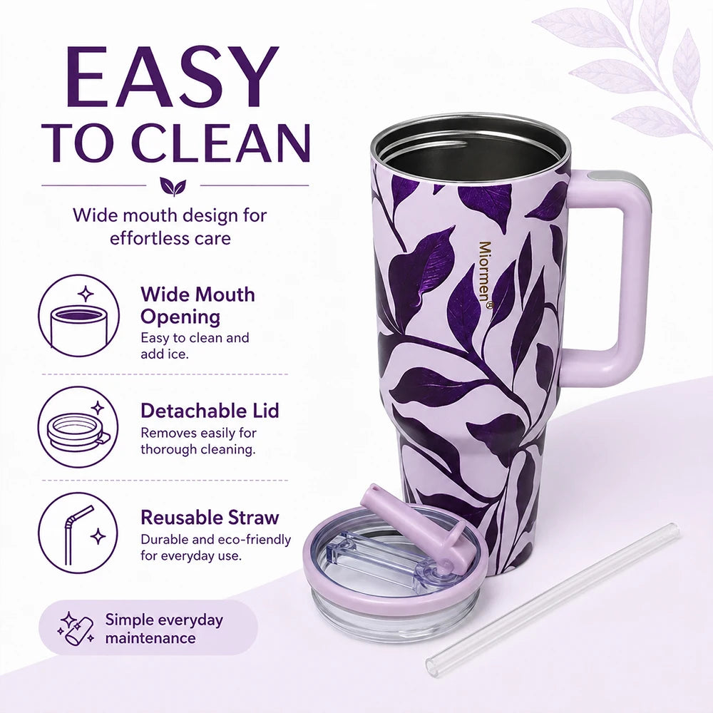40OZ Floral Print Stainless Steel Tumbler with Handle Straw Lid Vacuum Insulated Travel Mug for Car Water Cup Keep Hot and Cold