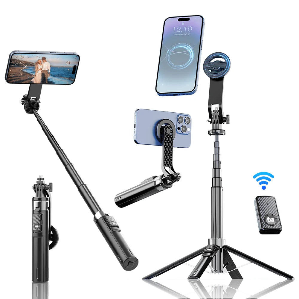 Magnetic Phone Handheld Selfie Stick, Extendable Length, Built-in Tripod, Wireless Shutter, Dual-Axis Adjustment, Compatible Wit