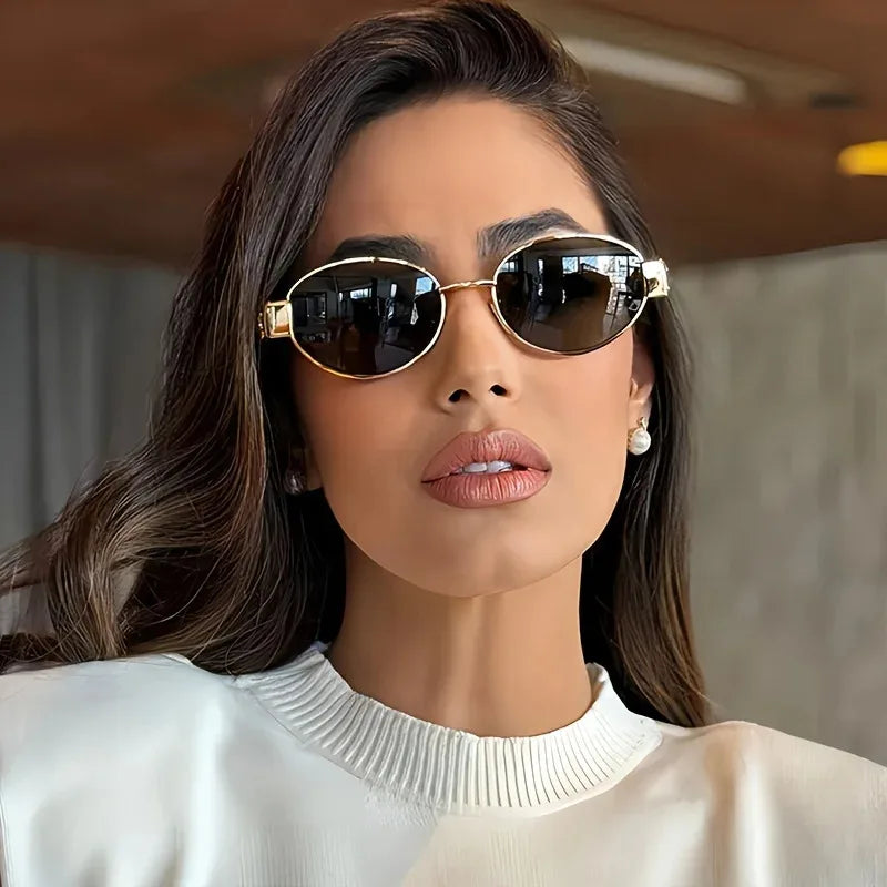 Oval sunglasses for women men trendy metal frame sun glasses classic shades