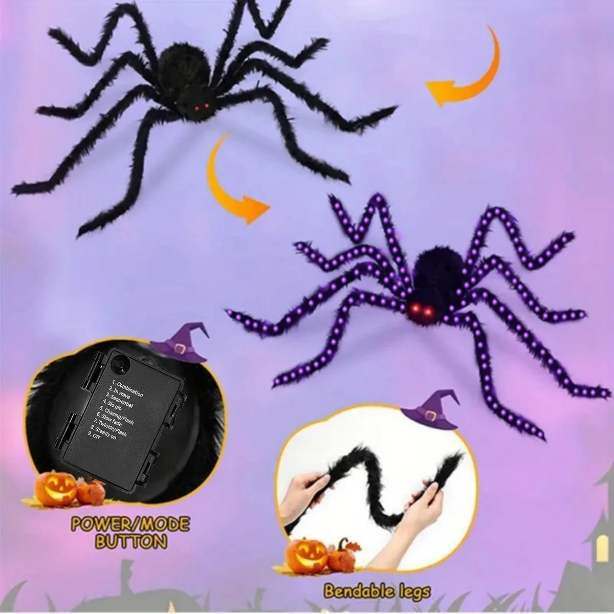 1pc Halloween Giant Light Up Fuzzy Black Spider Purple LED Battery Powered 8 Modes Spider Lights For Indoor Outdoor Porch Decor
