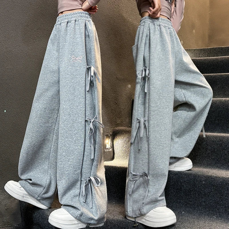 Autumn Child Cotton Sports Pants with Side Bows For Girls Grey Color Casual Trousers Teenage Kids High Street Sporty Sweatpants